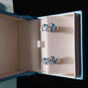 Sterling Silver 925 Earrings w/ Leaves made of 4 Blue Topaz & 4 CZ Stones